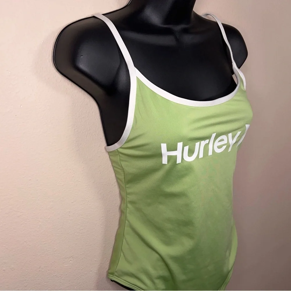 Medium Hurley One Piece Swimsuitight Green White Trim Stretch Beach Vacation